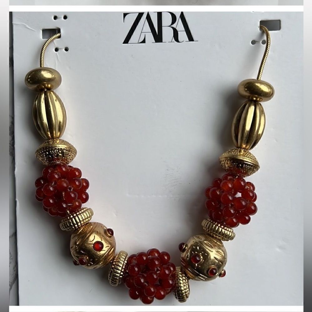 Zara Statement Red & Gold Beaded Necklace - Picture 7 of 12